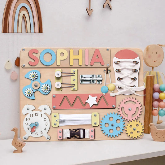 Personalized Baby Busy Board With Name - Wooden Montessori Toys