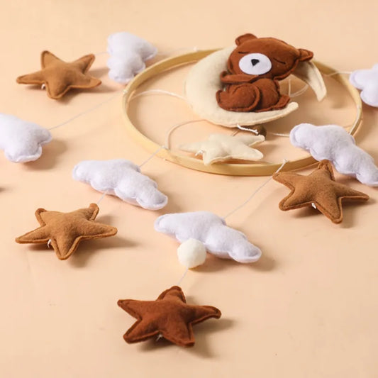 Wooden Baby Rattles Soft Felt Cartoon Bear Cloudy Star, Moon Hanging Bed Bell Mobile Crib - LoveryToys