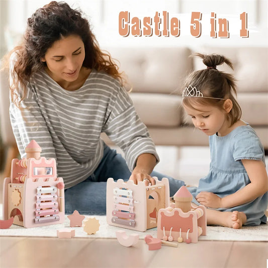 Wooden Castle 5 in 1 Toys, Multifunctional Percussion Instruments Drum Eight Tone Piano Montessori Toys Birthday Gifts - LoveryToys