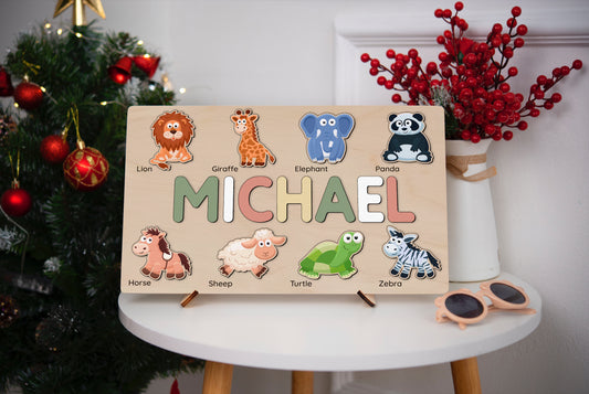 Cute Zoo Animals Personalized Name Puzzle - Wooden Montessori Toys, Gifts idea for Kids | LoveryToys