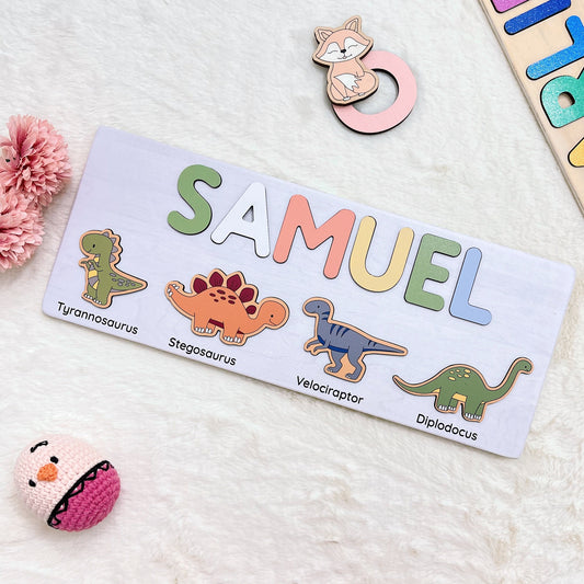 Cute Dinosaurs Personalized Name Puzzle, Baby Name Letters, Personalized Baby Gifts - Wooden Montessori Toys | LoveryToys