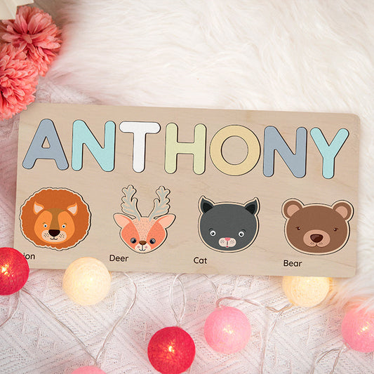 Animal Heads Personalized Name Puzzle - Wooden Montessori Toys, Baby Girl Gifts, Toys For 1 Year Old | Lovery Toys