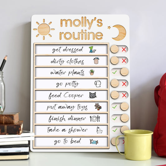 Personalized Routine Chart with 150+ Stickers, Wooden Daily Chore Chart For Kids