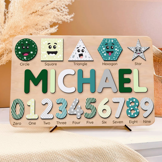LoveryToys Personalized Toys For Toddler, Kids Wooden Name Puzzle, Shape & Number Puzzle