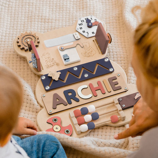 Personalized Bear Busy Board - Wooden Montessori Toys, Baby Activity Board, 1st Birthday Gift Ideas | LoveryToys