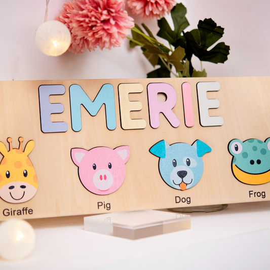 Cute Big Head Animals Personalized Name Puzzle - Wooden Montessori Toys, Personalized Baby Gifts | LoveryToys